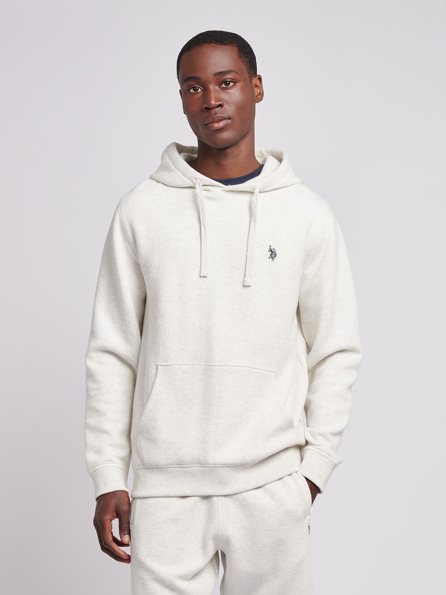 Mens Double Horsemen Herringbone Hoodie in Light Grey Marl