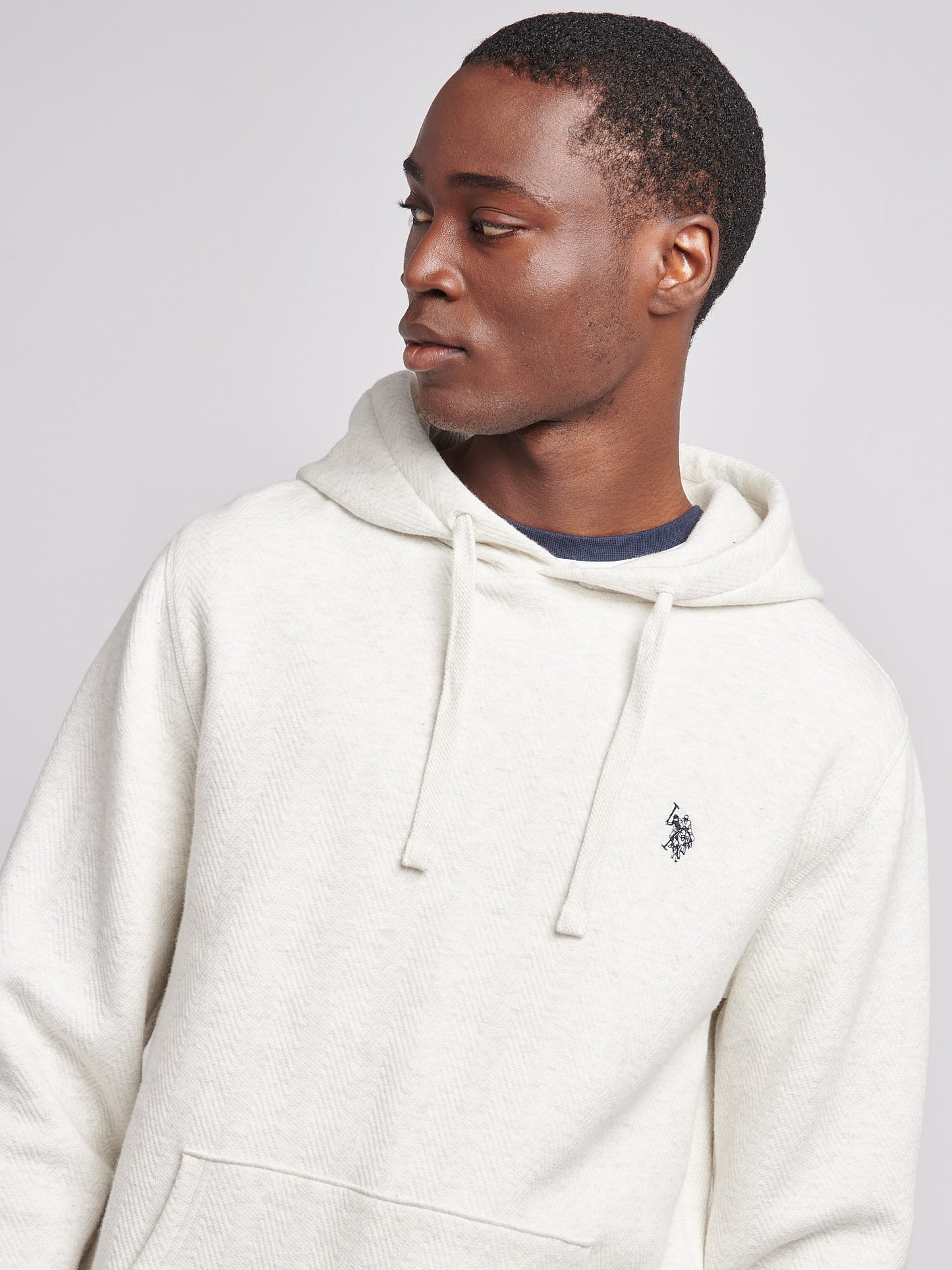 Mens Double Horsemen Herringbone Hoodie in Light Grey Marl