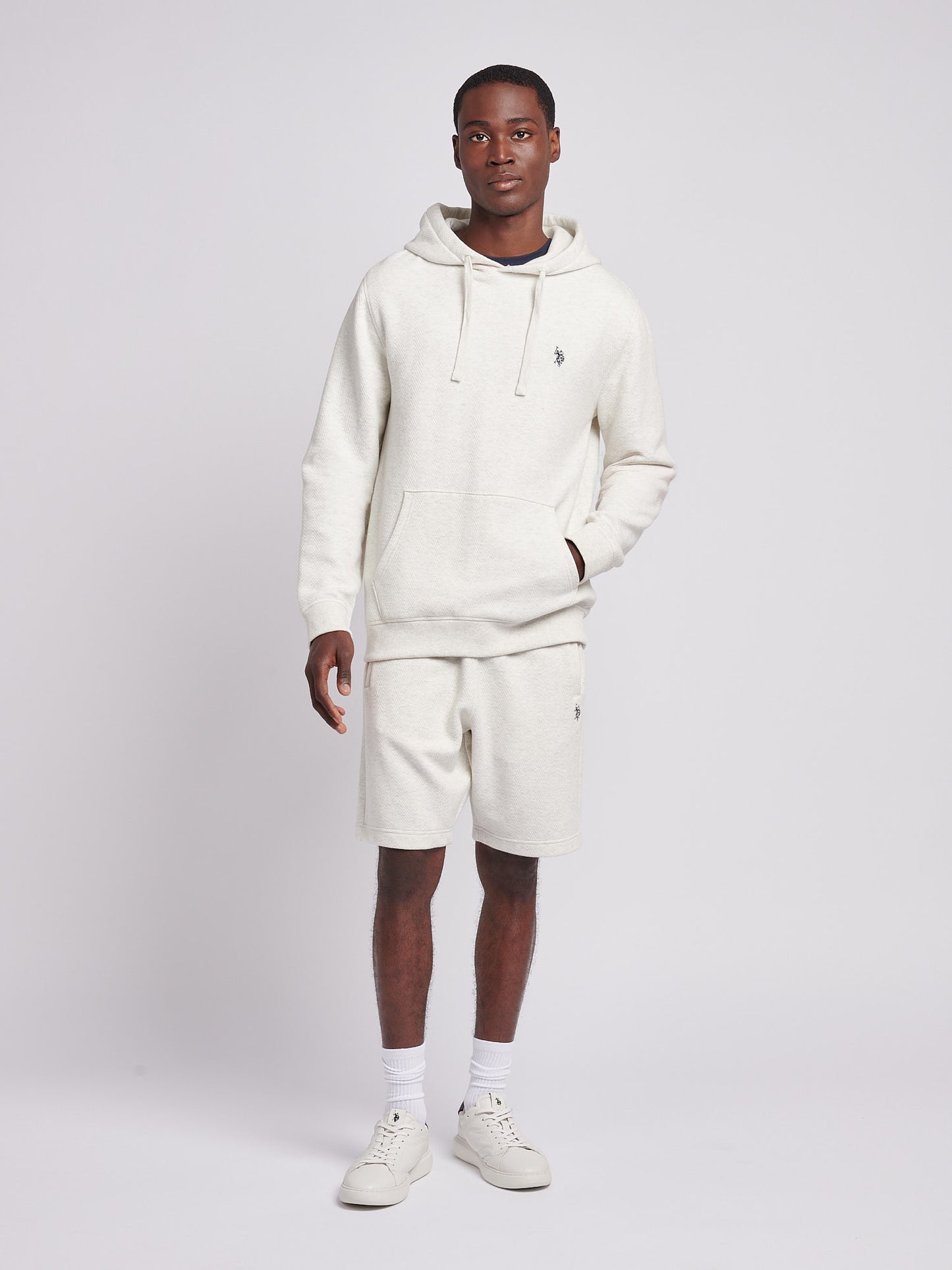 Mens Double Horsemen Herringbone Hoodie in Light Grey Marl