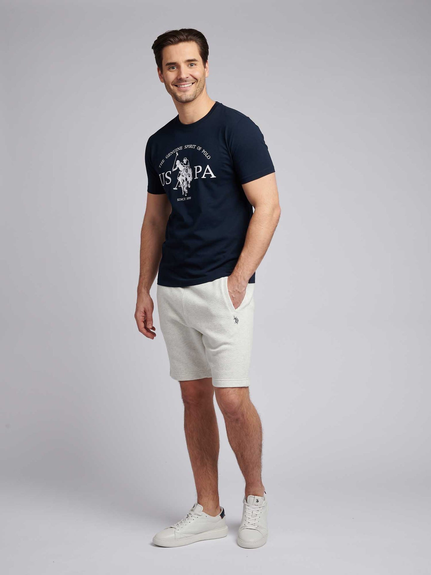 Mens Double Horsemen Herringbone Sweat Short in Light Grey Marl