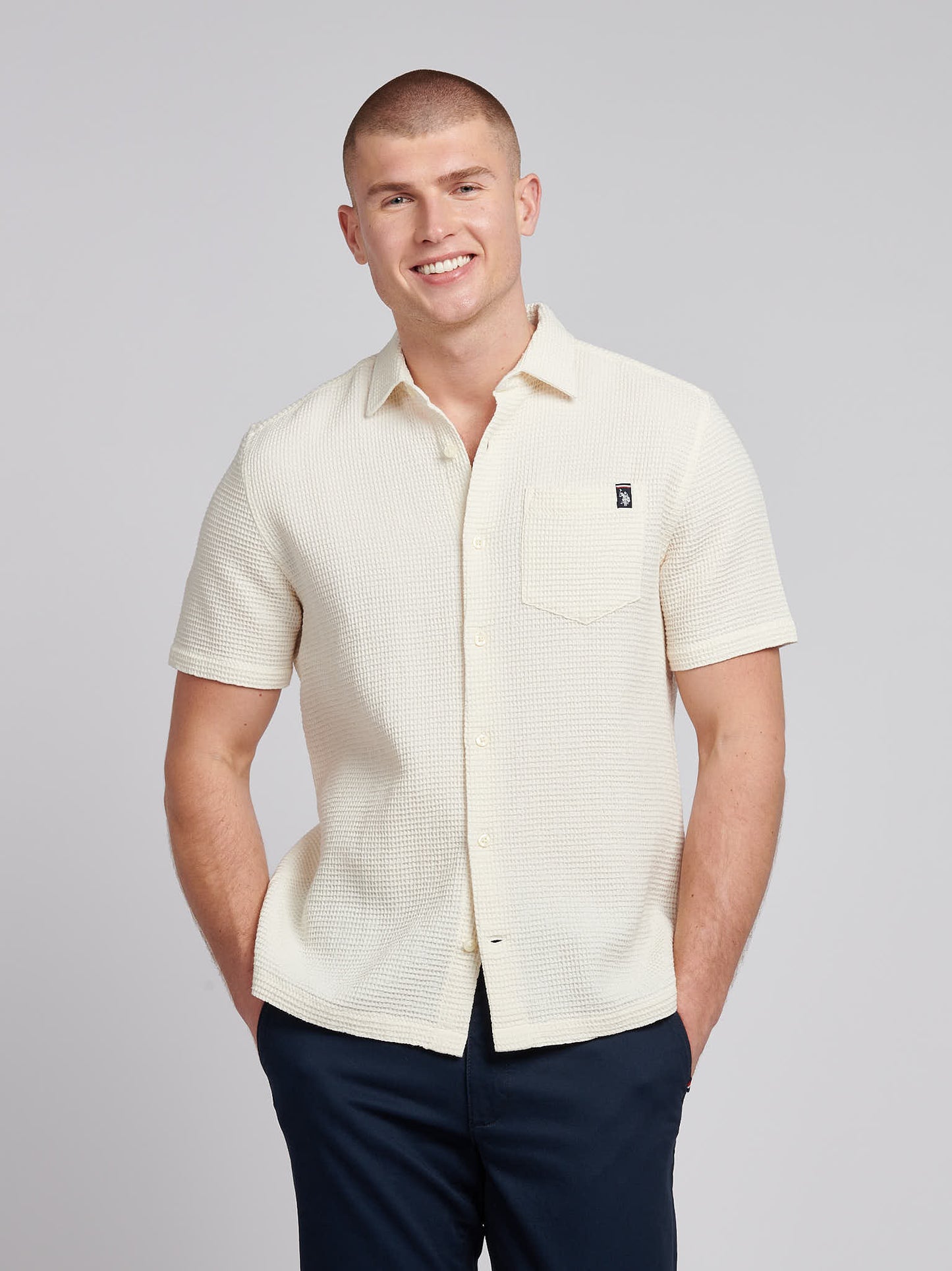 Mens  Textured Waffle Short Sleeve Shirt in Bright White