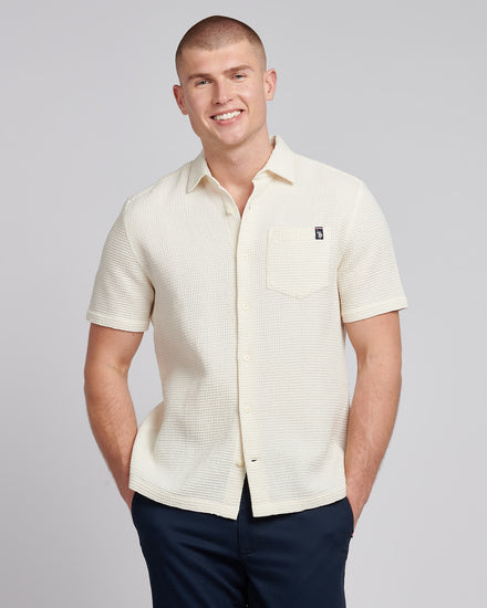 Mens  Textured Waffle Short Sleeve Shirt in Bright White