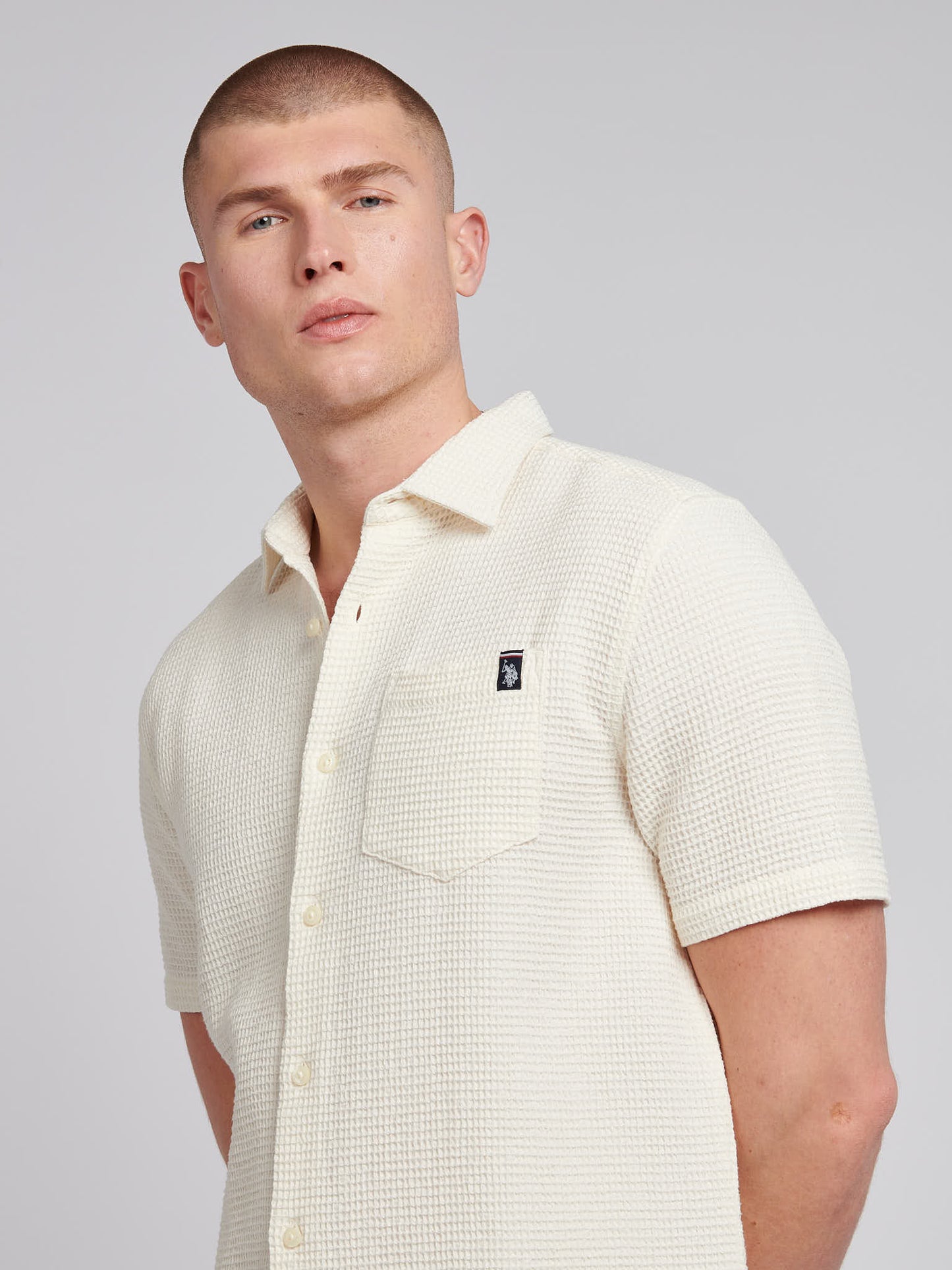 Mens  Textured Waffle Short Sleeve Shirt in Bright White