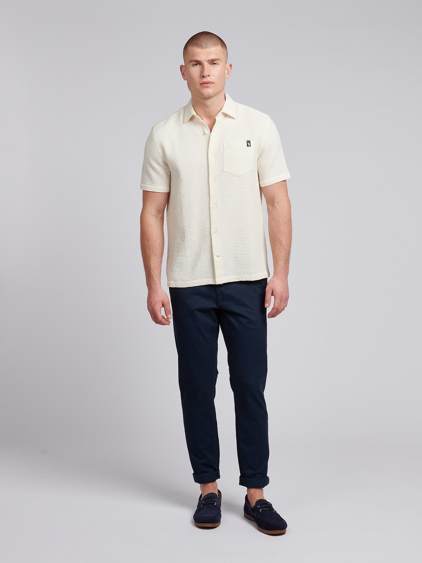 Mens  Textured Waffle Short Sleeve Shirt in Bright White