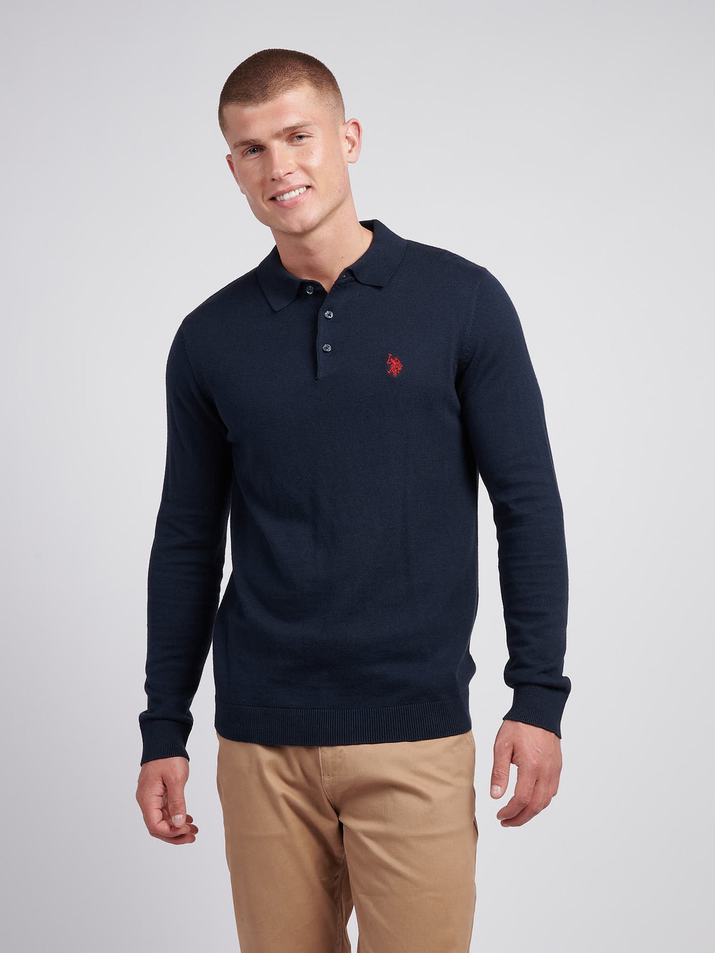 Mens Long Sleeve Knitted Polo Shirt in Dark Sapphire Navy / Haute Red DHM