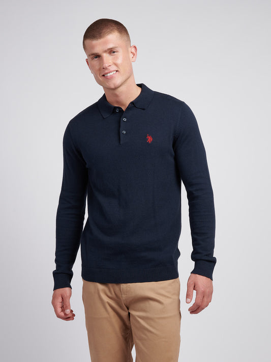 Mens Long Sleeve Knitted Polo Shirt in Dark Sapphire Navy / Haute Red DHM