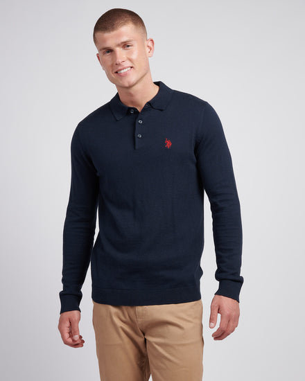 Mens Long Sleeve Knitted Polo Shirt in Dark Sapphire Navy / Haute Red DHM