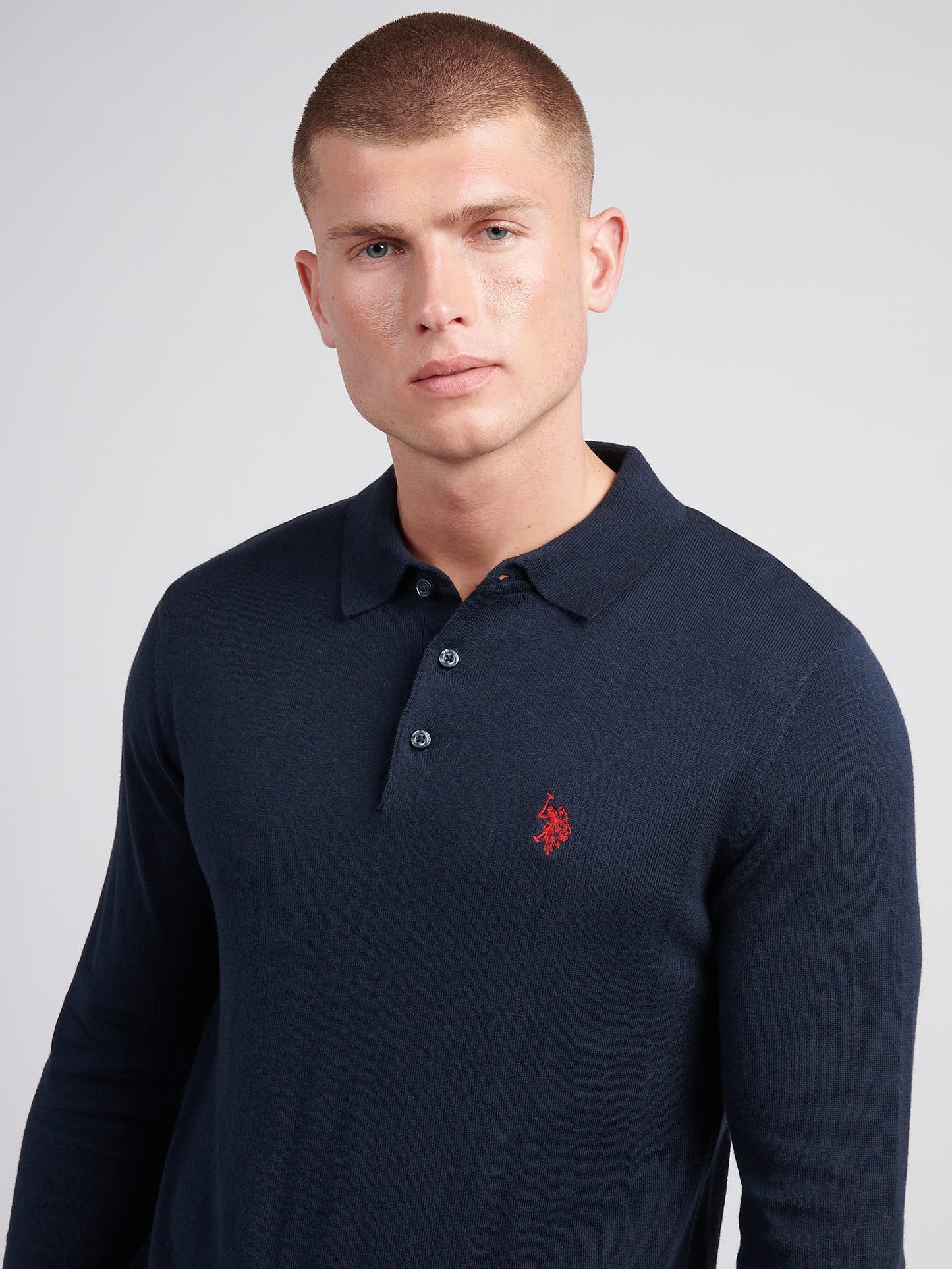 Mens Long Sleeve Knitted Polo Shirt in Dark Sapphire Navy / Haute Red DHM