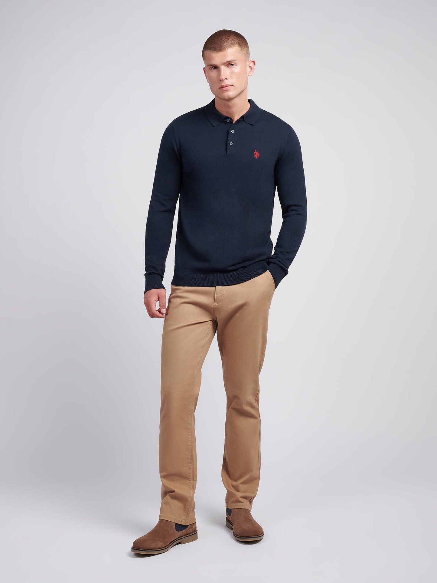 Mens Long Sleeve Knitted Polo Shirt in Dark Sapphire Navy / Haute Red DHM