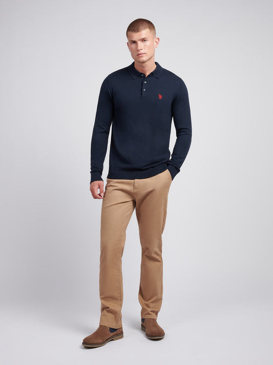 Mens Long Sleeve Knitted Polo Shirt in Dark Sapphire Navy / Haute Red DHM