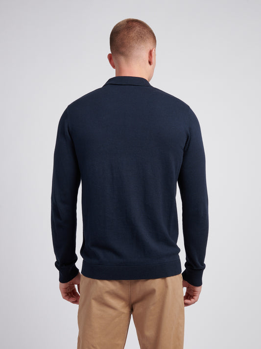 Mens Long Sleeve Knitted Polo Shirt in Dark Sapphire Navy / Haute Red DHM