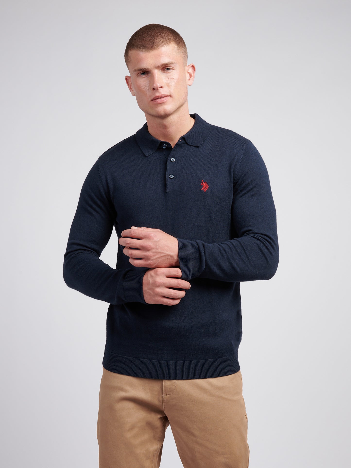 Mens Long Sleeve Knitted Polo Shirt in Dark Sapphire Navy / Haute Red DHM