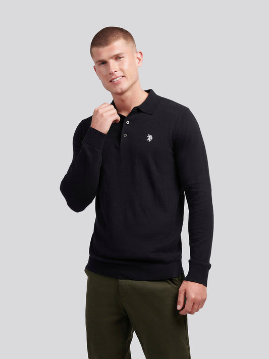 Mens Long Sleeve Knitted Polo Shirt in Black Bright White DHM
