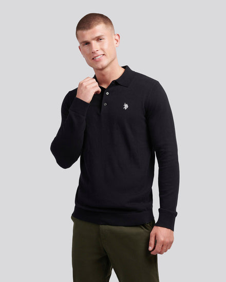 Mens Long Sleeve Knitted Polo Shirt in Black Bright White DHM