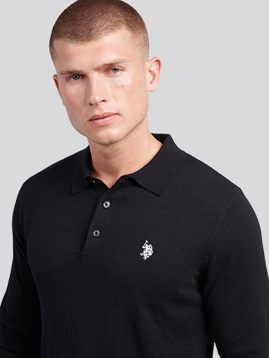 Mens Long Sleeve Knitted Polo Shirt in Black Bright White DHM