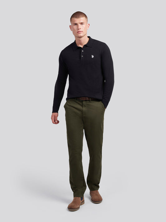 Mens Long Sleeve Knitted Polo Shirt in Black Bright White DHM
