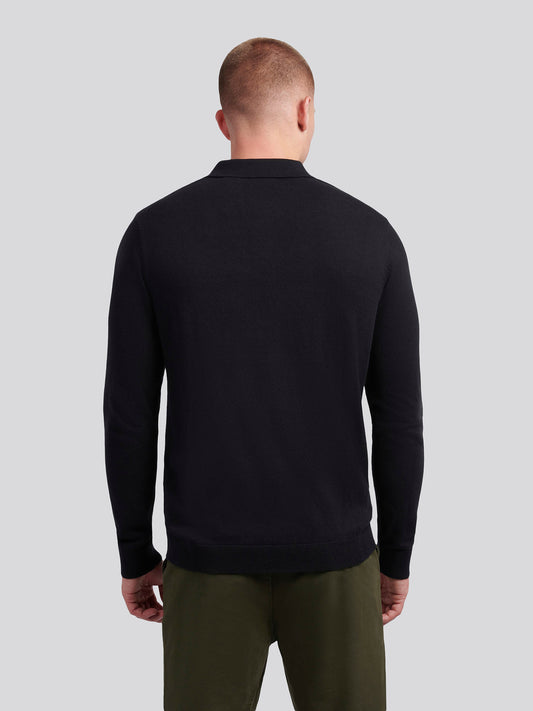 Mens Long Sleeve Knitted Polo Shirt in Black Bright White DHM