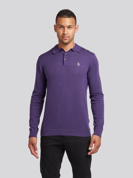 Mens Long Sleeve Knitted Polo Shirt in Purple Plumeria