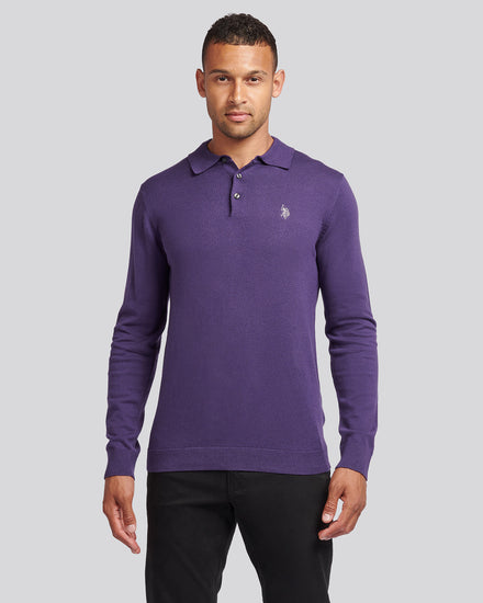 Mens Long Sleeve Knitted Polo Shirt in Purple Plumeria