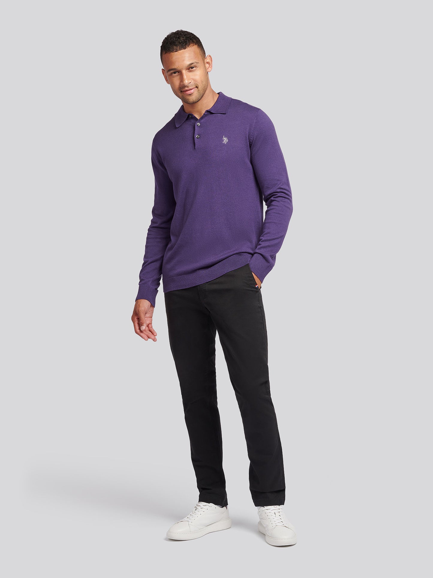 Mens Long Sleeve Knitted Polo Shirt in Purple Plumeria