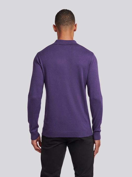 Mens Long Sleeve Knitted Polo Shirt in Purple Plumeria