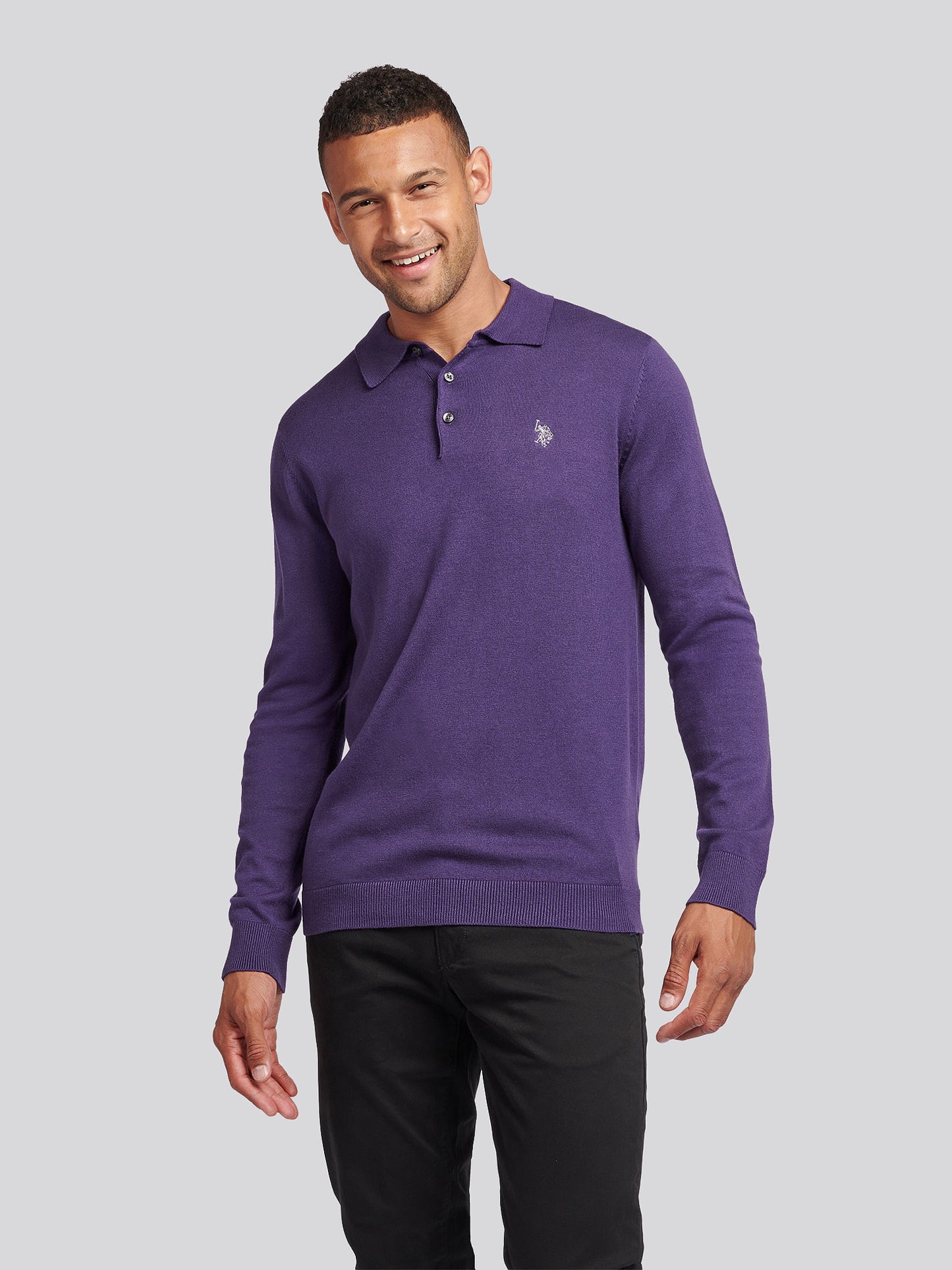 Mens Long Sleeve Knitted Polo Shirt in Purple Plumeria