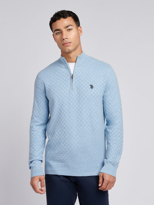 Mens Checkerboard Funnel Neck 1/4 Zip Knit in Parisian Blue Marl