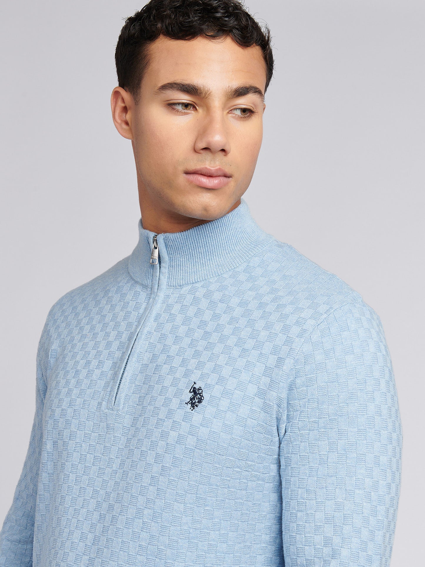 Mens Checkerboard Funnel Neck 1/4 Zip Knit in Parisian Blue Marl