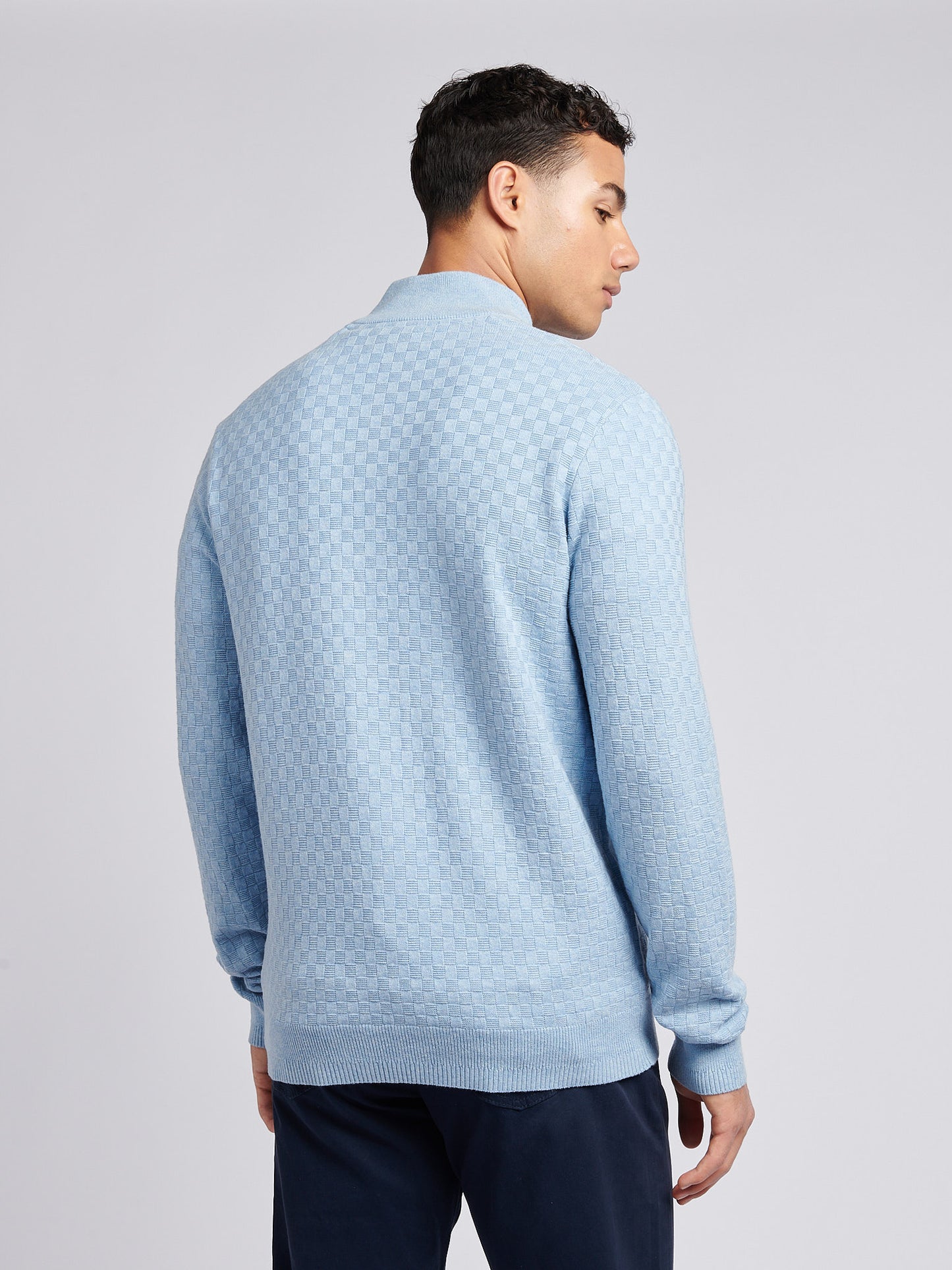 Mens Checkerboard Funnel Neck 1/4 Zip Knit in Parisian Blue Marl