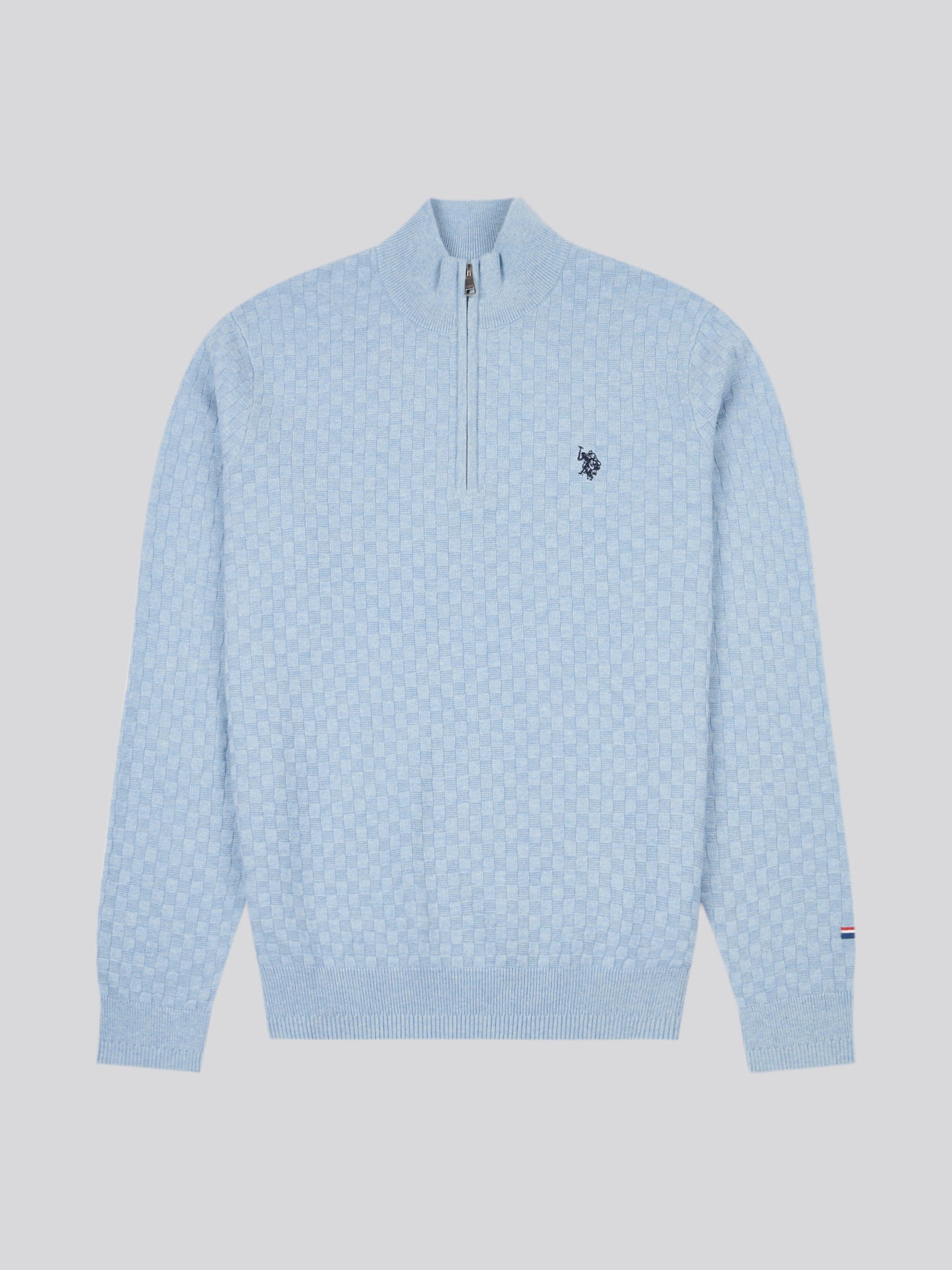 Mens Checkerboard Funnel Neck 1/4 Zip Knit in Parisian Blue Marl