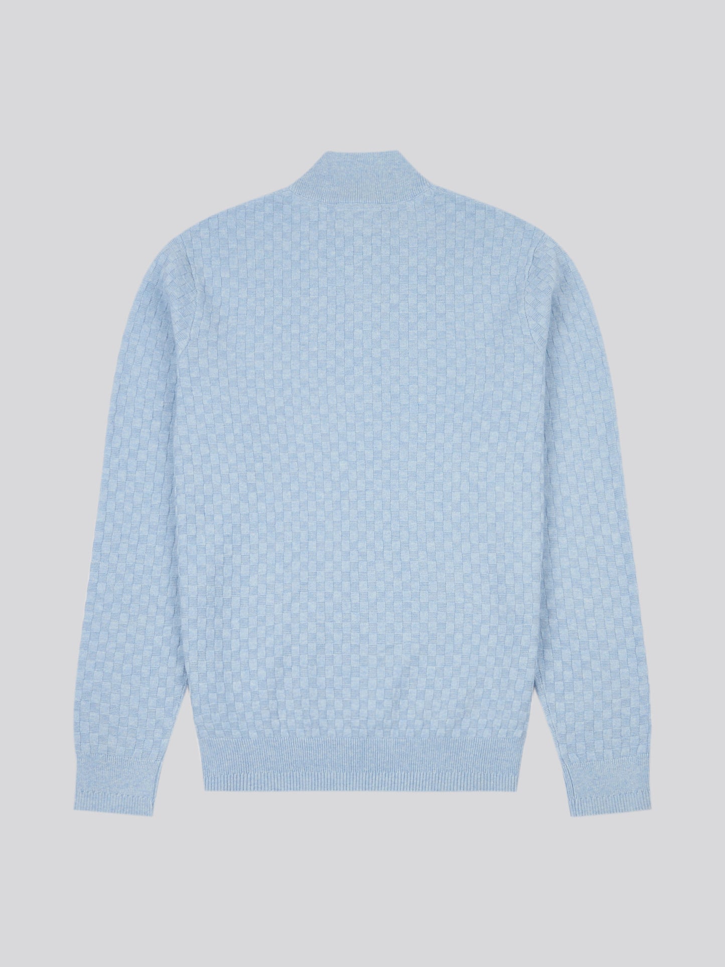 Mens Checkerboard Funnel Neck 1/4 Zip Knit in Parisian Blue Marl