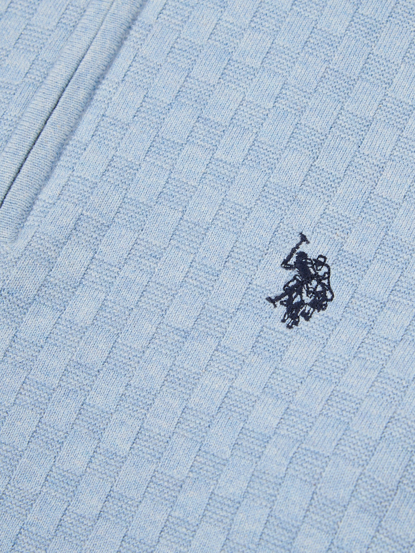 Mens Checkerboard Funnel Neck 1/4 Zip Knit in Parisian Blue Marl