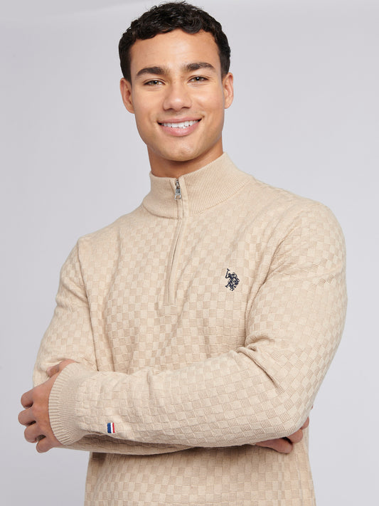 Mens Checkerboard Funnel Neck 1/4 Zip Knit in Doeskin
