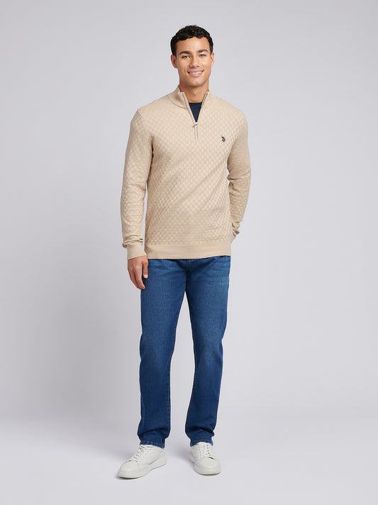 Mens Checkerboard Funnel Neck 1/4 Zip Knit in Doeskin