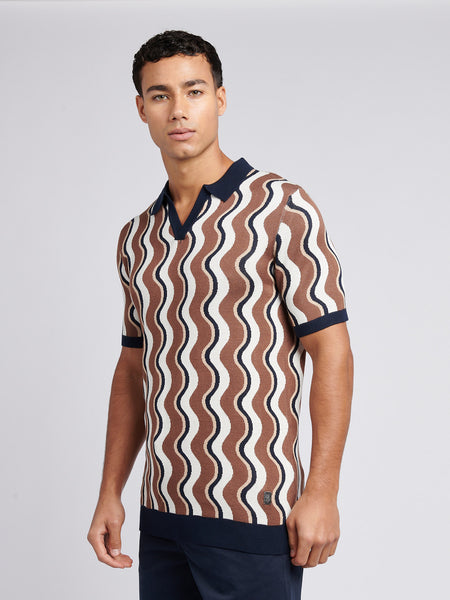 Mens Wave Knit Open Collar Polo Shirt in Cocoa Brown – U.S. Polo