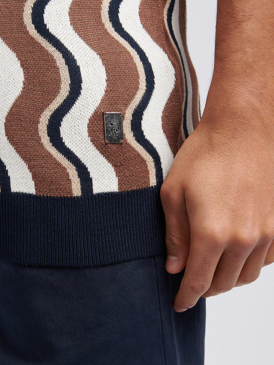 Mens Wave Knit Open Collar Polo Shirt in Cocoa Brown