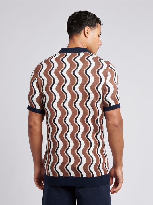 Mens Wave Knit Open Collar Polo Shirt in Cocoa Brown