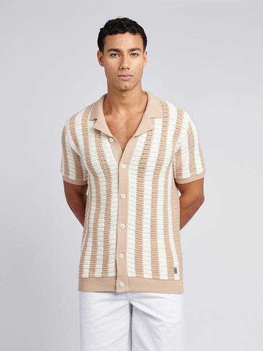 Mens Crochet Knit Open Collar  Polo Shirt in Doeskin