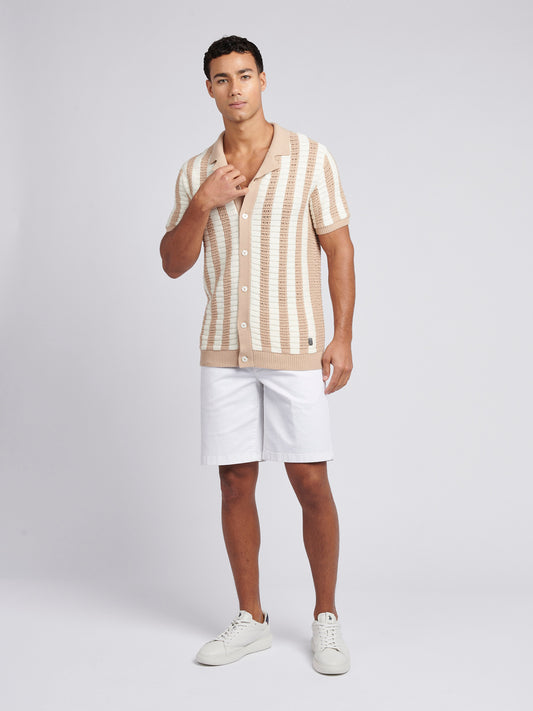 Mens Crochet Knit Open Collar  Polo Shirt in Doeskin