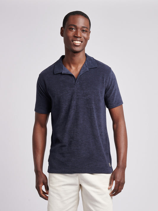 Mens Terry Revere Collar Polo Shirt in Dark Sapphire Navy
