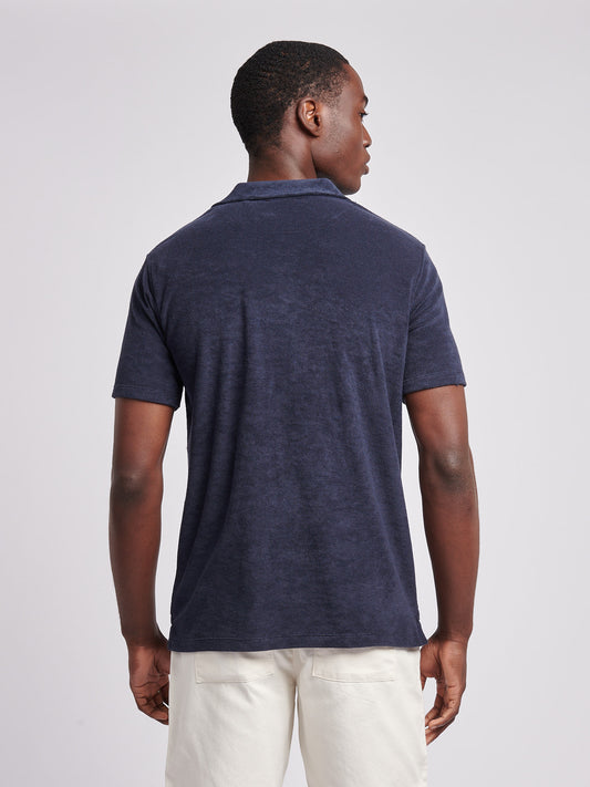 Mens Terry Revere Collar Polo Shirt in Dark Sapphire Navy