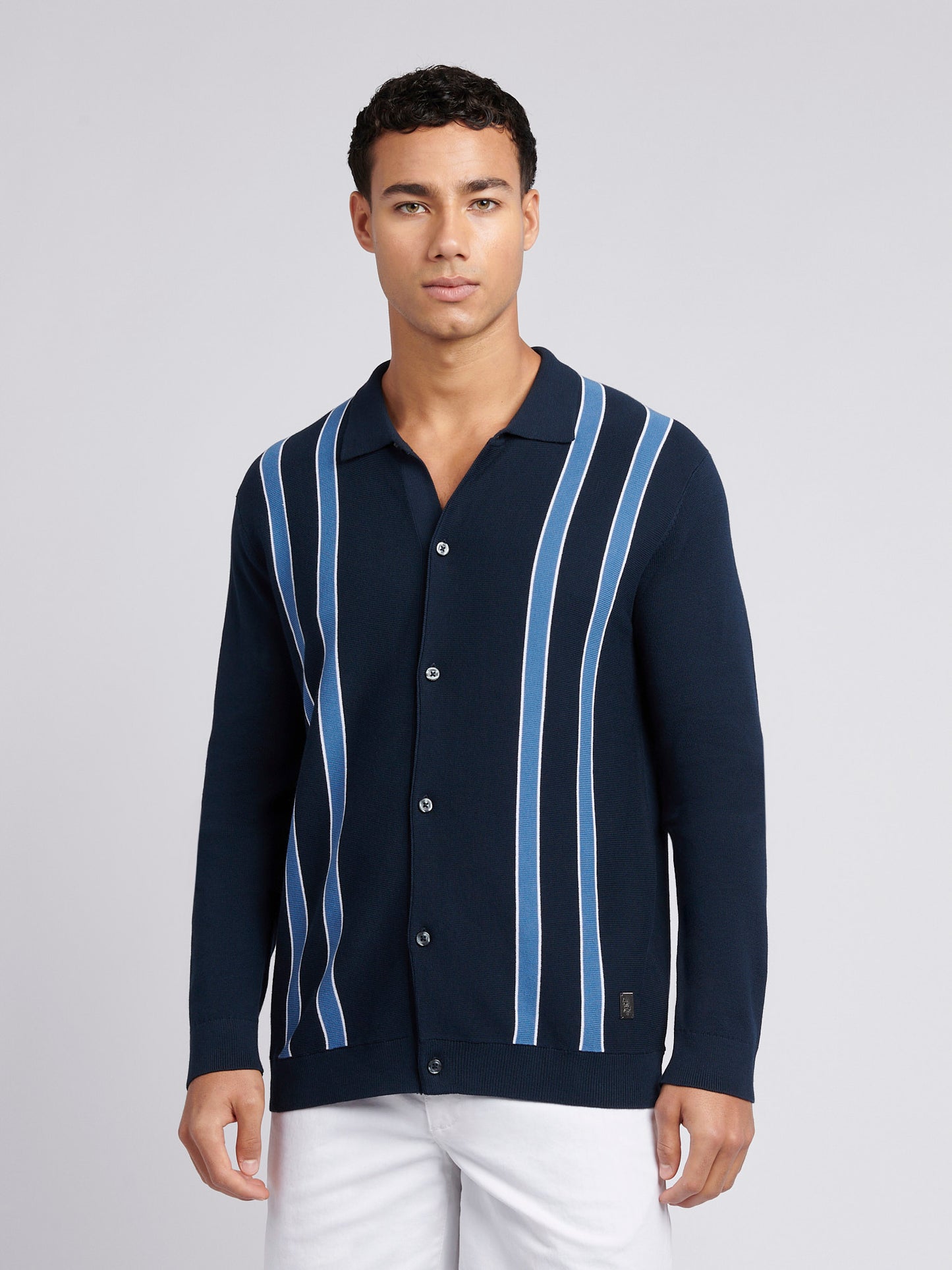 Mens Vertical Stripe Knit Cardigan in Dark Sapphire Navy