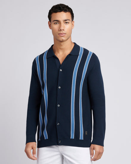 Mens Vertical Stripe Knit Cardigan in Dark Sapphire Navy