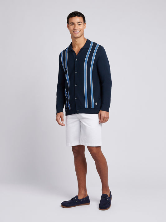 Mens Vertical Stripe Knit Cardigan in Dark Sapphire Navy