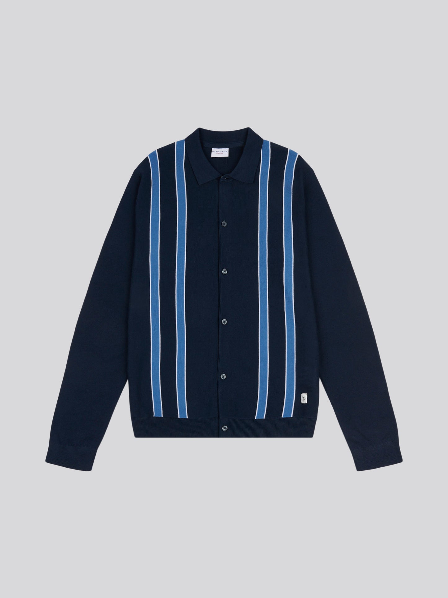 Mens Vertical Stripe Knit Cardigan in Dark Sapphire Navy