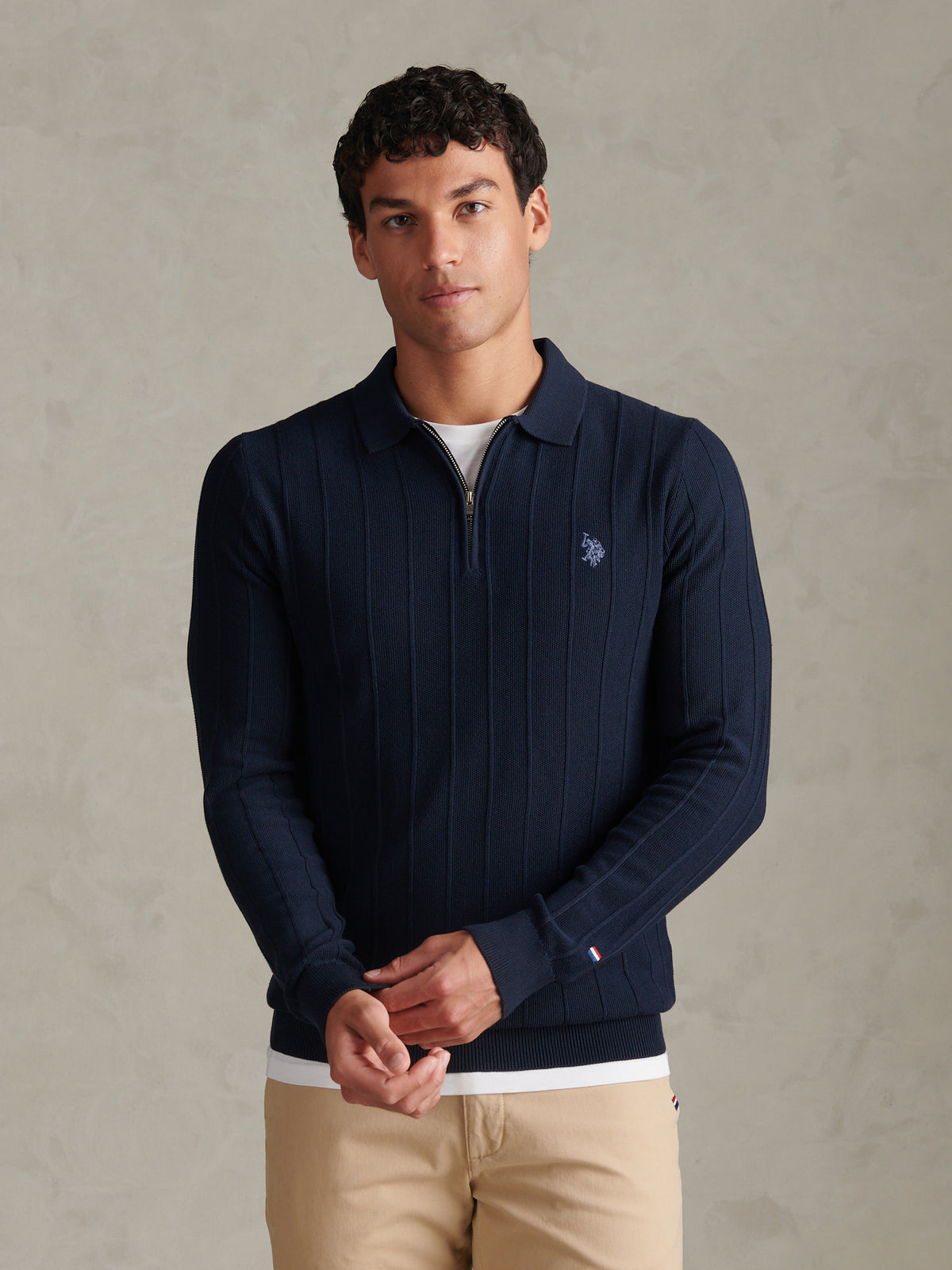 Mens Long Sleeve Zip Knit Polo Shirt Dark Sapphire Navy / Moonlight Blue DHM