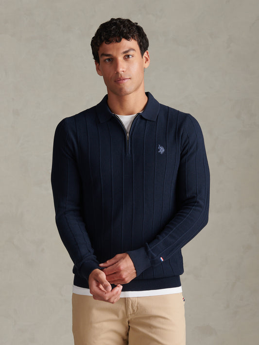 Mens Long Sleeve Zip Knit Polo Shirt Dark Sapphire Navy / Moonlight Blue DHM