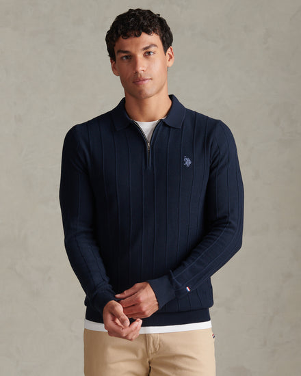 Mens Long Sleeve Zip Knit Polo Shirt Dark Sapphire Navy / Moonlight Blue DHM