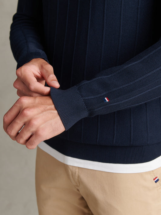 Mens Long Sleeve Zip Knit Polo Shirt Dark Sapphire Navy / Moonlight Blue DHM