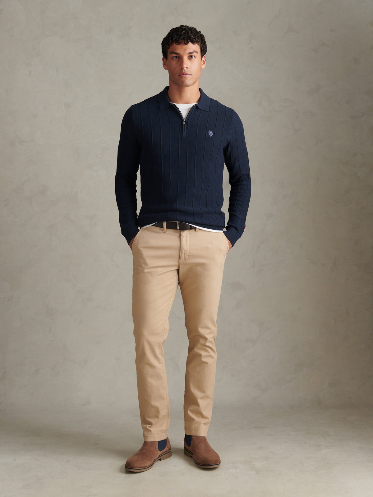 Mens Long Sleeve Zip Knit Polo Shirt Dark Sapphire Navy / Moonlight Blue DHM
